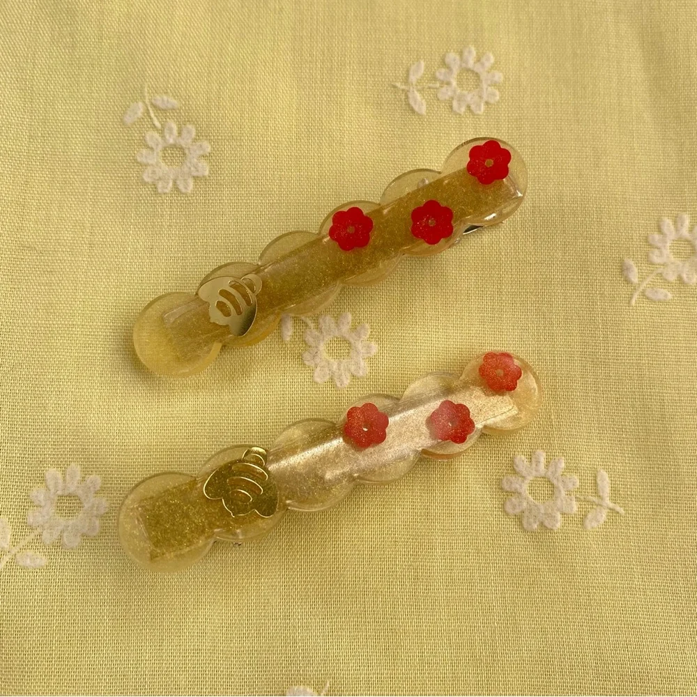 Gold Bee and Red Flower Hair Clips